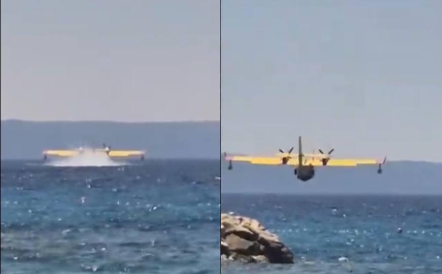 Pogledajte kako kanader prelijeće preko plaže u Makarskoj tokom akcije gašenja požara