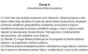 Foto: Screenshot / Član 5. Zakona o sistemu državne pomoći u BiH