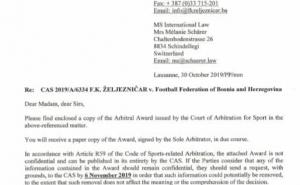 Printscreen / Faksimil odluke i presude CAS-a prema FK Željezničar