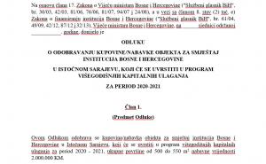 Foto: Screenshot / Prijedlog Odluke o odobravanju kupovine/nabavke objekta za smještaj institucija Bosne i Hercegovine u Istočnom Sarajevu