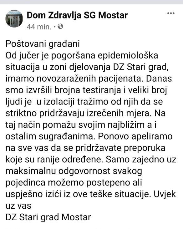 Objava Doma zdravlja SG Mostar - undefined