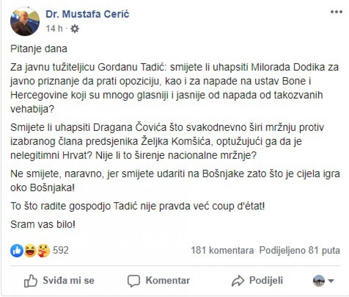 Objava Mustafe Cerića na Facebooku - undefined