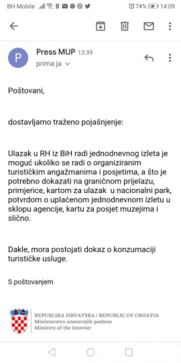 Odgovor MUP-a Hrvatske za Radiosarajevo.ba - undefined