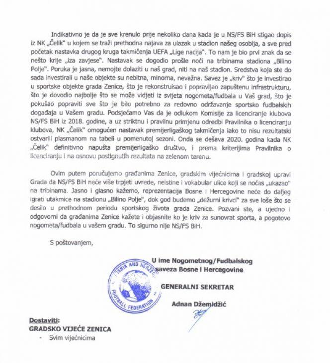 Pismo NSBiH koje je poslano gradonačelniku Zenice - undefined