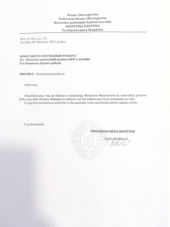 Faksimil odluke predsjedavajuće Daliborke Milović - undefined