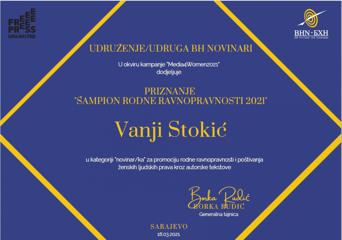 Radiosarajevo.ba i novinarka Vanja Stokić - šampioni rodne ravnopravnosti  za 2021. / Radio Sarajevo