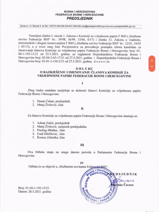 Odluka koju jer potpisao predsjednik FBiH Marinko Čavara - undefined