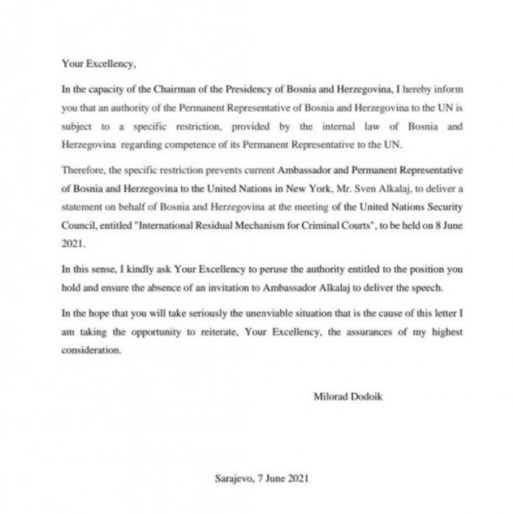 Pismo koje je Dodik poslao - undefined