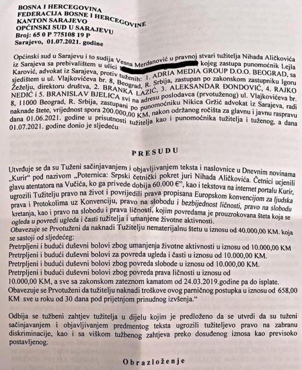 Nihad Aličković dobio prvostepenu presudu protiv Kurira - undefined
