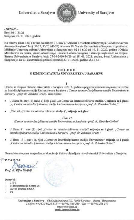 Odluku o izmjeni statuta Univerziteta u Sarajevu - undefined