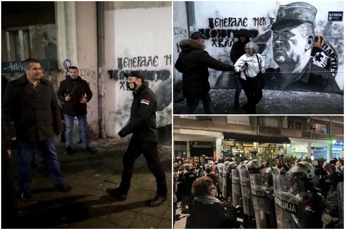 Foto: Twitter/ N1/ RAS Srbija/Burna noć u Beogradu nakon koje mural Ratka Mladića nije uklonjen