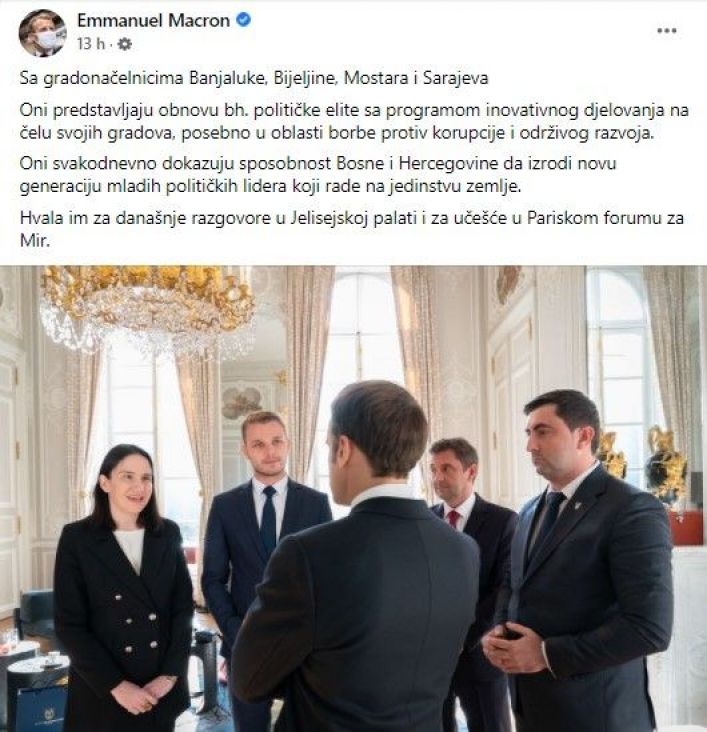 Foto: Screenshot/Facebook/Emmanuel Macron/Poruka predsjednika Francuske nakon sastanka s gradonačelnicima iz BiH 