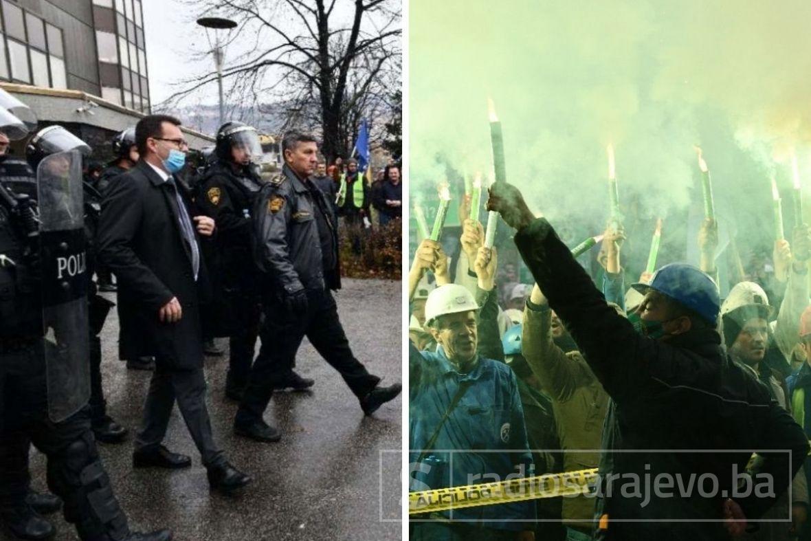 Foto: A. K. /Radiosarajevo.ba/Džindić izlazi pred rudare tokom protesta ispred zgrade Vlade FBiH