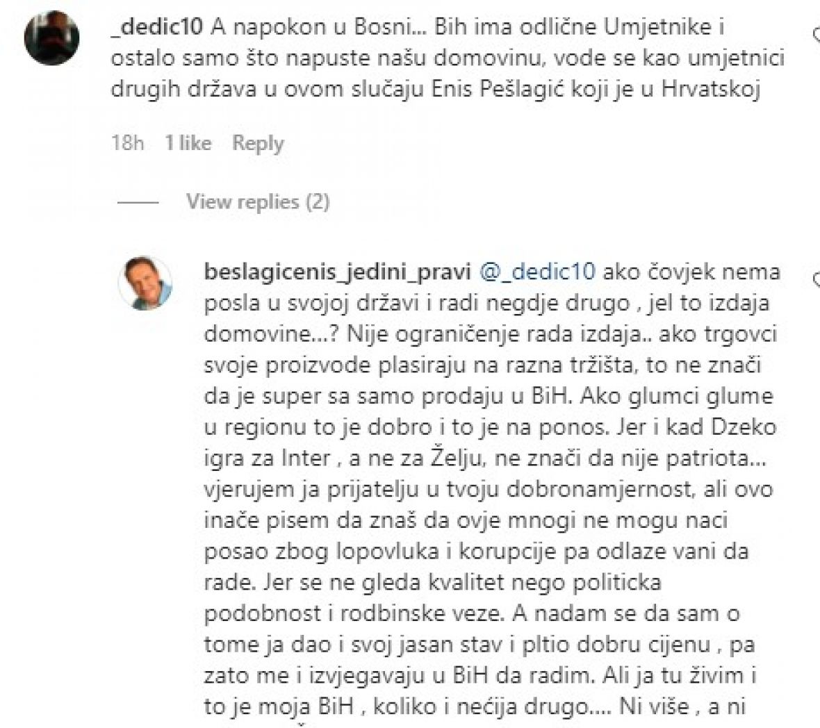 Foto: Instagram/Komentar i odgovor Bešlagića putem Instagrama