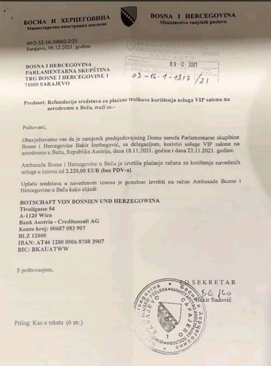 Za Izetbegovićev VIP salon u Beču plaćeno 2.200 eura - undefined