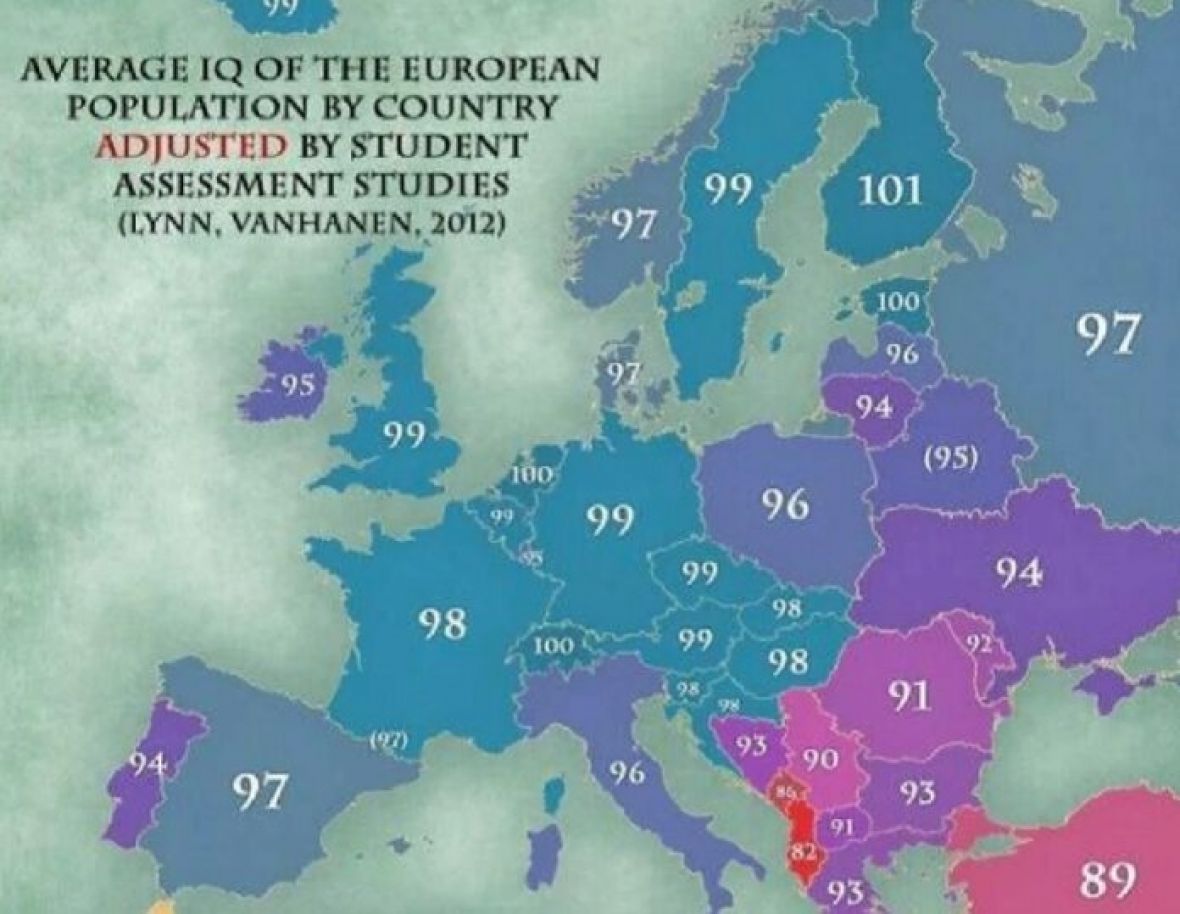 Mapa Europe sa prikazom inteligencije nacija  - undefined