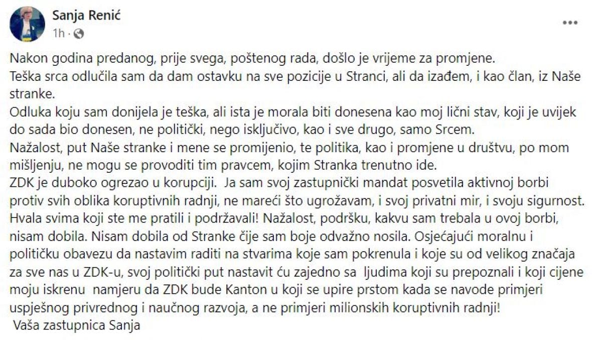 Status Sanje Renić na Facebooku - undefined