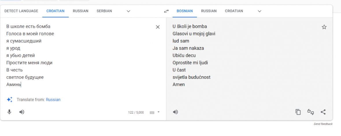 Printscreen/Prijevod prijeteće poruke sa ruskog na bosanski
