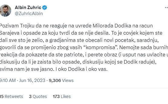 Objava Albina Zuhrića na Twitteru