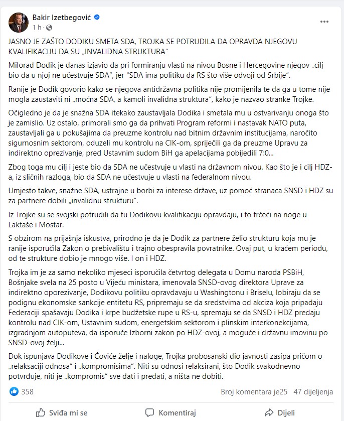 Objava Bakira Izetbegovića na Facebooku