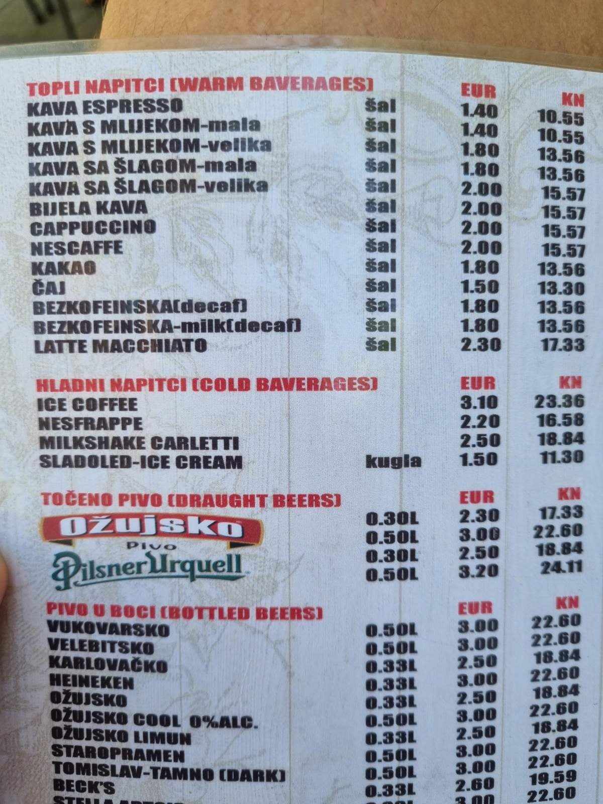 Cijene u kafiću u Drveniku