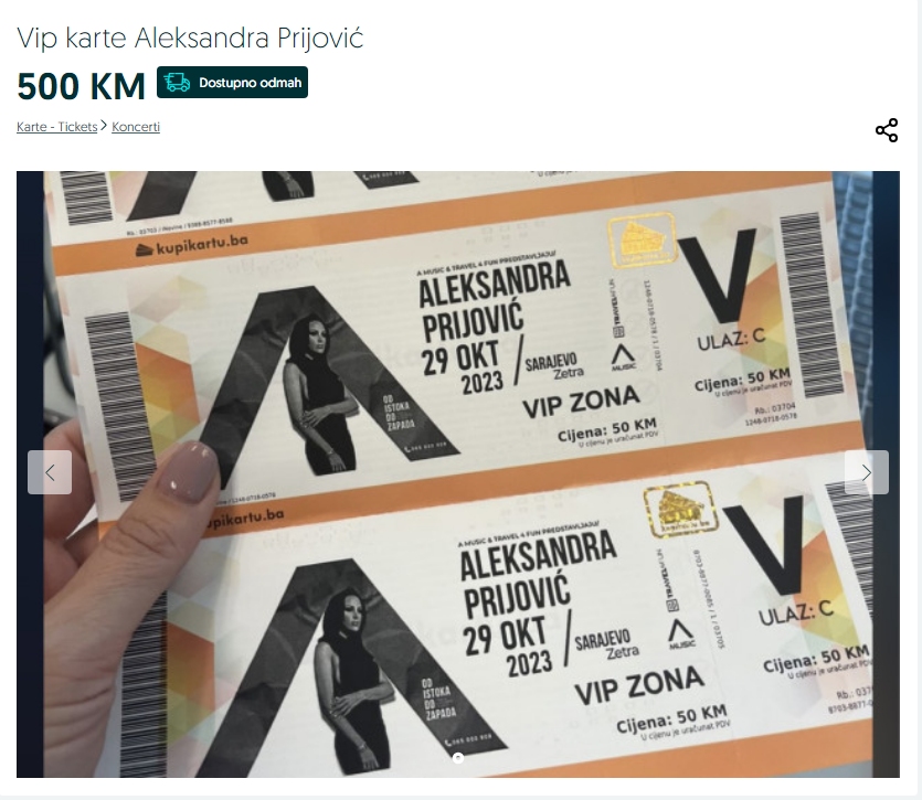Karte za Aleksandru Prijović po cijeni od 500 KM