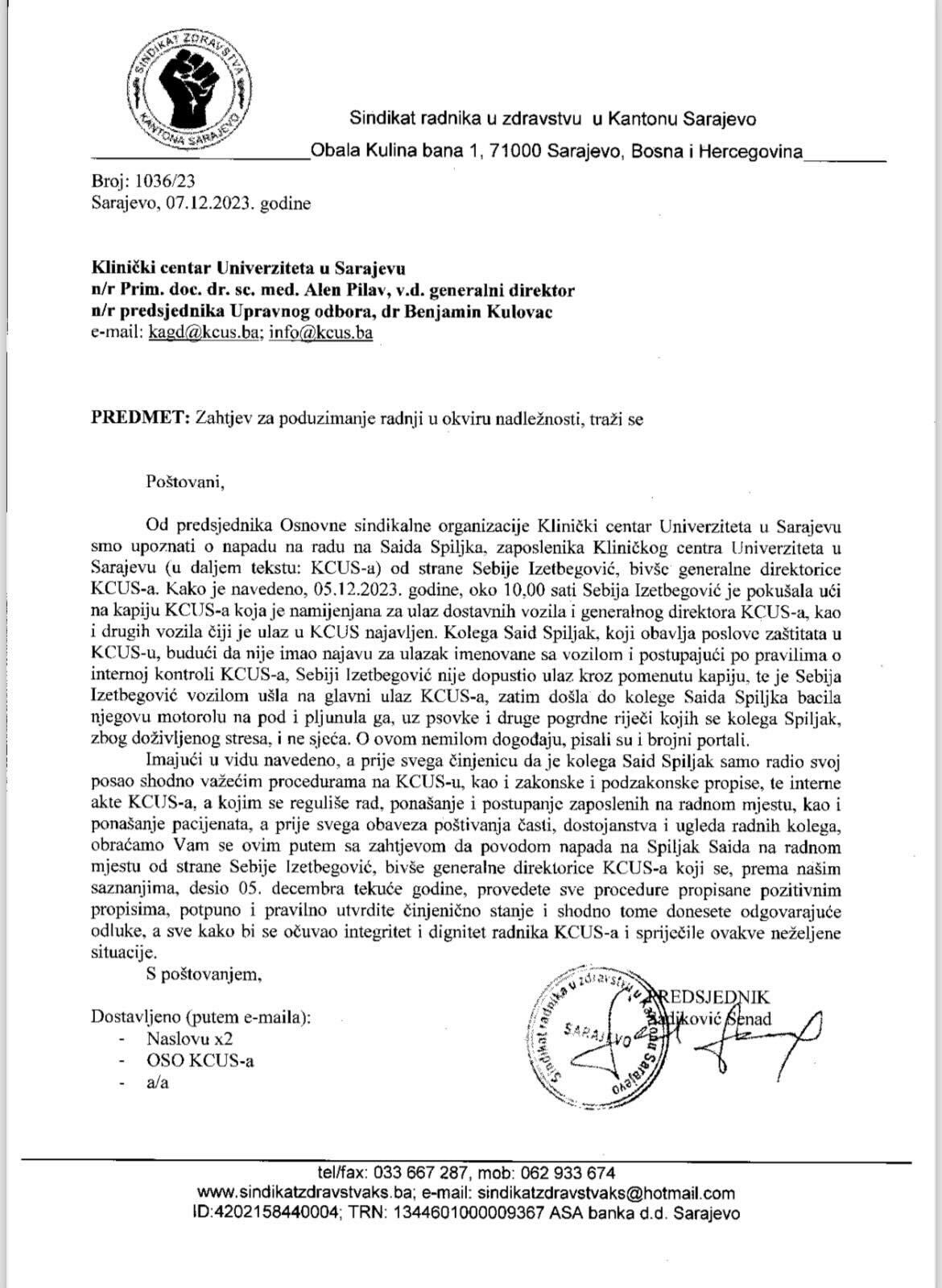 Zahtjev Sindikata radnika u zdravstvu za istragu incidenta Sebije Izetbegović