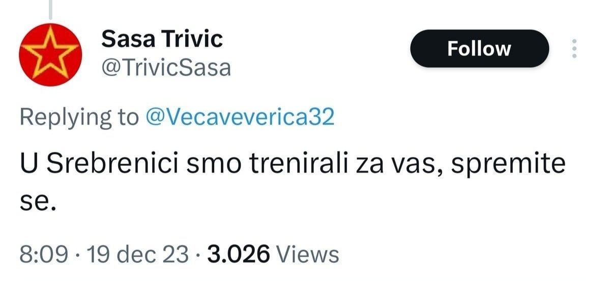 Objava Saše Trivića na društvenoj mreži X.com