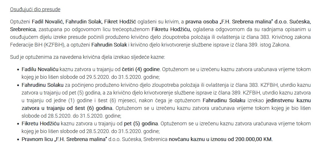 Sud BiH objavio punu presudu u predmetu protiv Novalića i ostalih