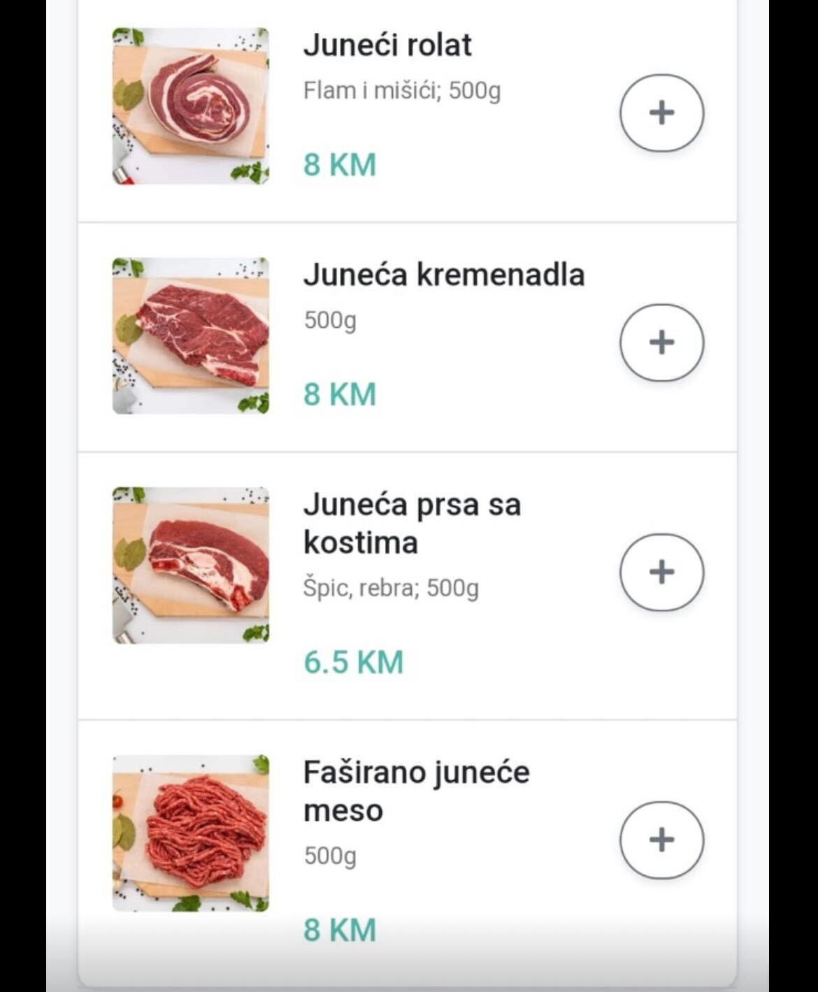 Cijena junećeg mesa na jednoj popularnoj aplikaciji