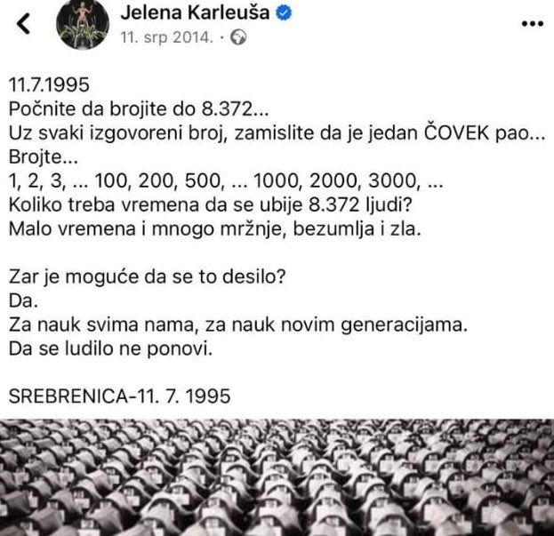 Status Jelene Karleuše o Srebrenici iz 2014.