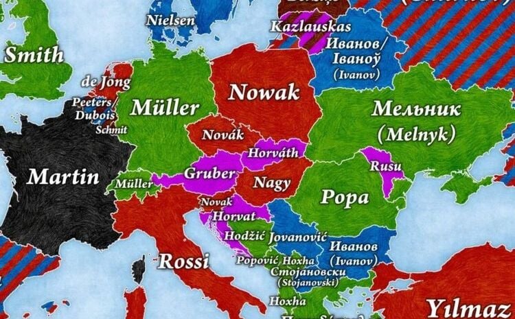 Mapa Europe sa najčešćim prezimenima