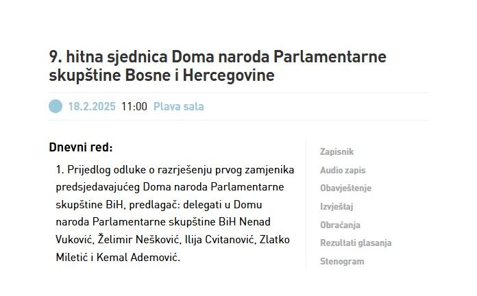 Dnevni red hitne sjednice Doma naroda PS BiH
