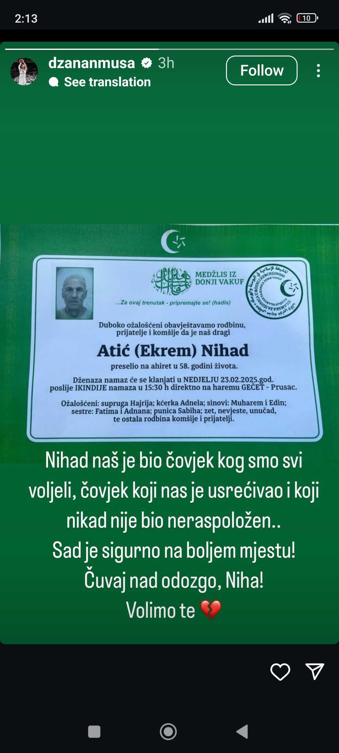 Objava Džanan Muse na instagramu