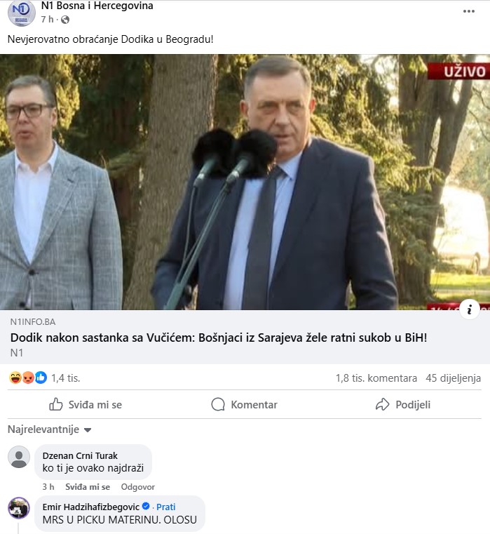 Komentar Hadžihafizbegovića na fb