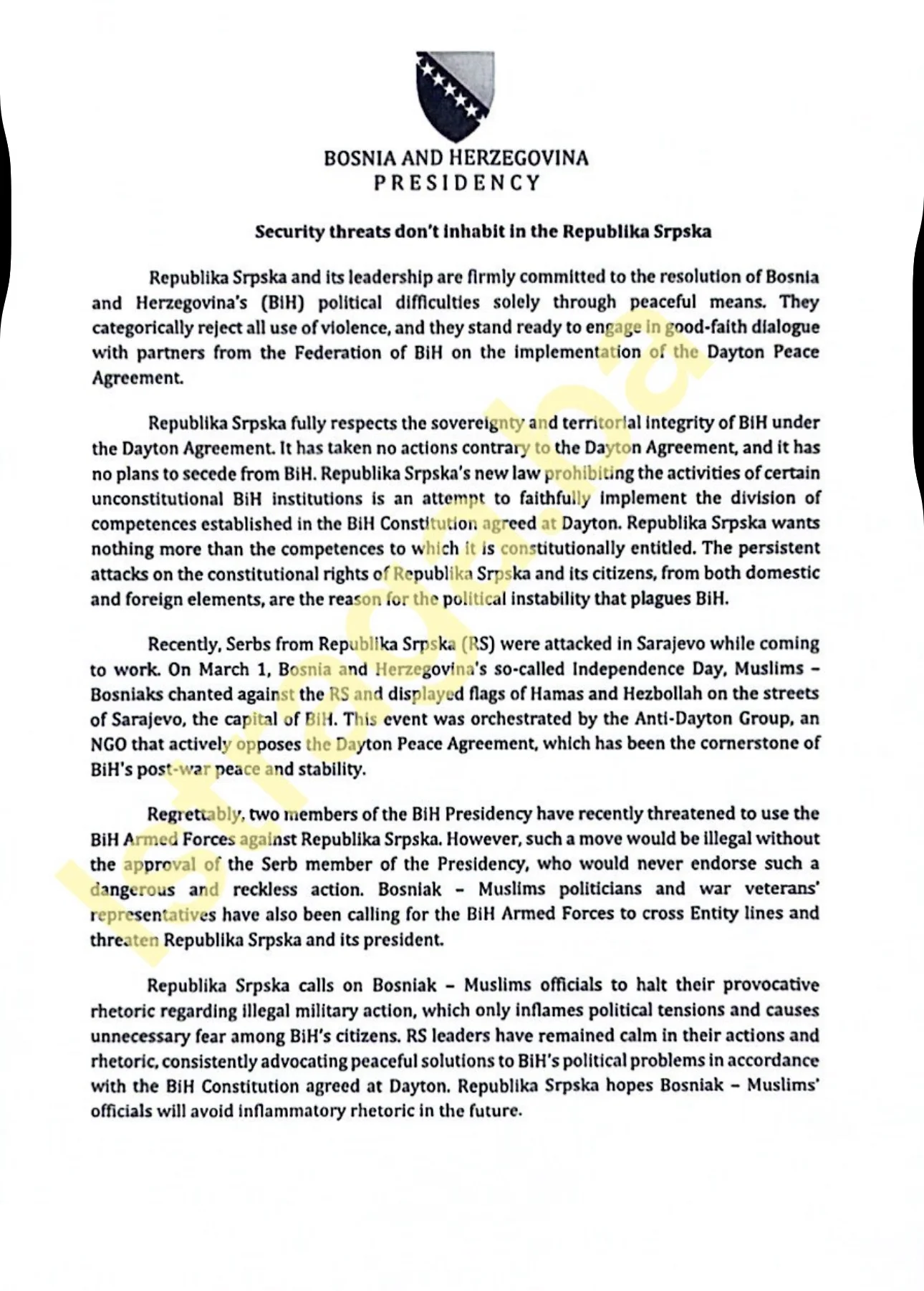 Dokument koji je Željka Cvijanović poslala u EU parlament