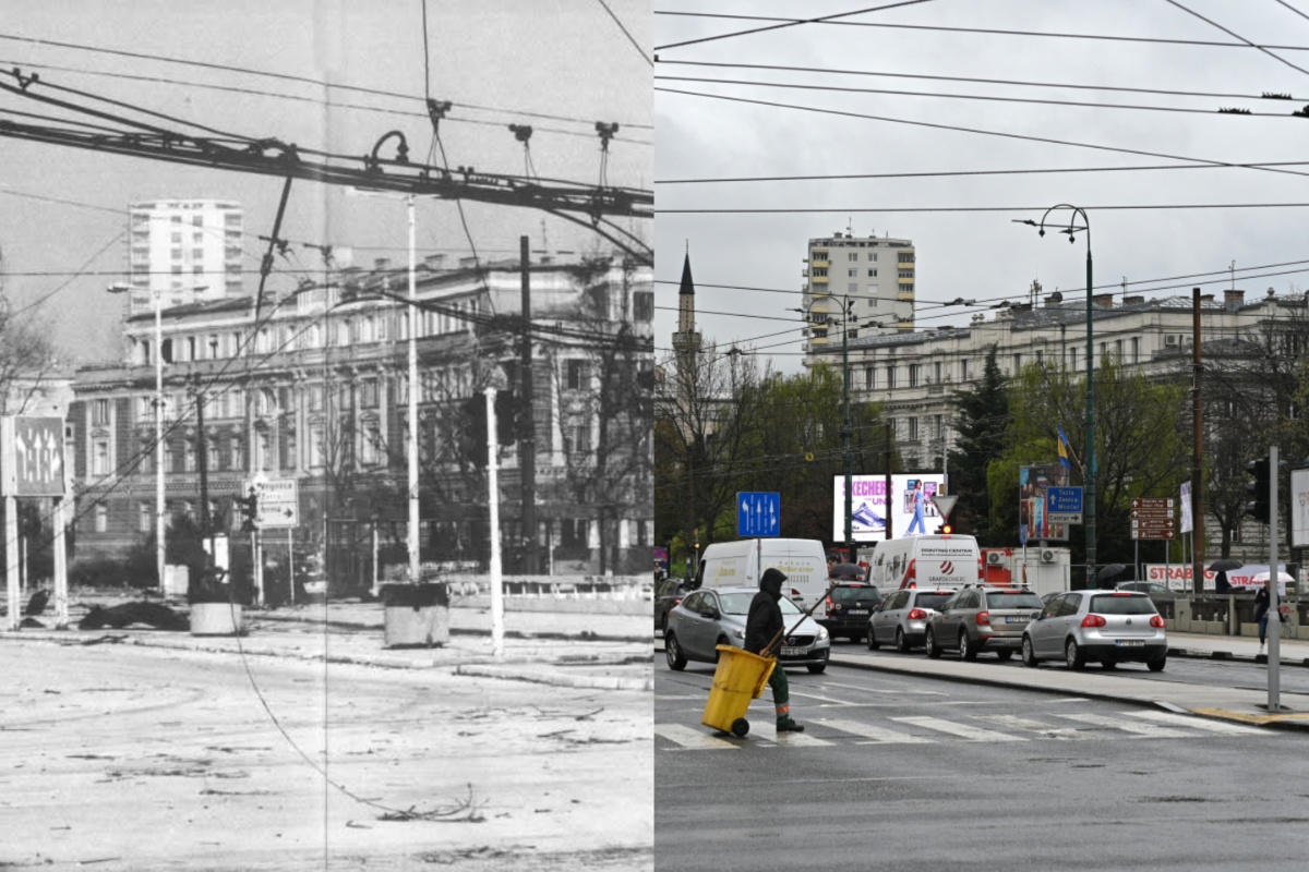 Skenderija, nakon početka opsade 1992. / Skenderija, april 2025.