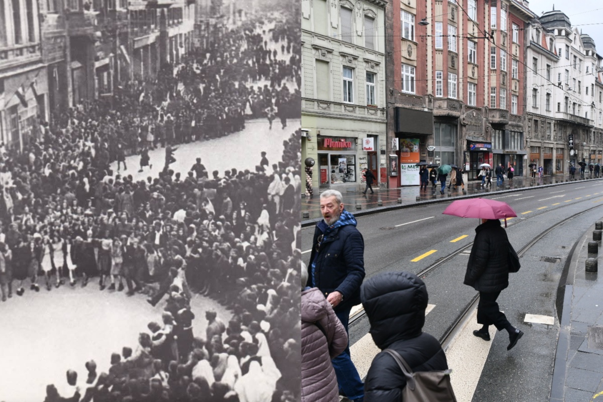 Narod na ulicama slavi oslobođenje Sarajeva od fašističke okupacije, april 1945. / Titova ulica, april 2025.