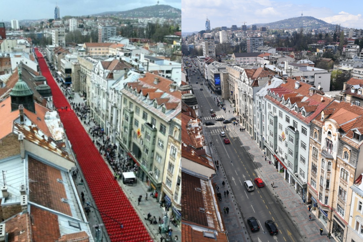 Titova ulica i crvene stolice u znak sjećanja na ubijene Sarajlije, 6. april 2012. / Titova ulica, april 2025.
