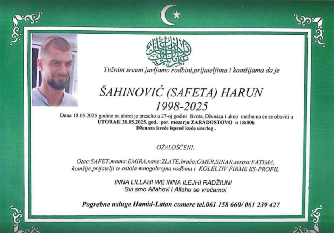 Harun Šahinović - smrtovnica