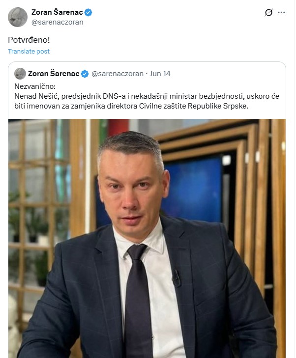 Objava na X-u Zorana Šarenca