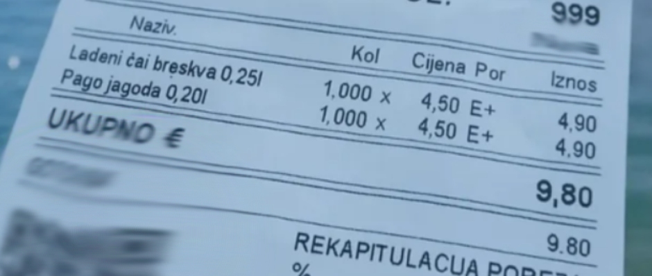 Račun iz kafića u Hrvatskoj