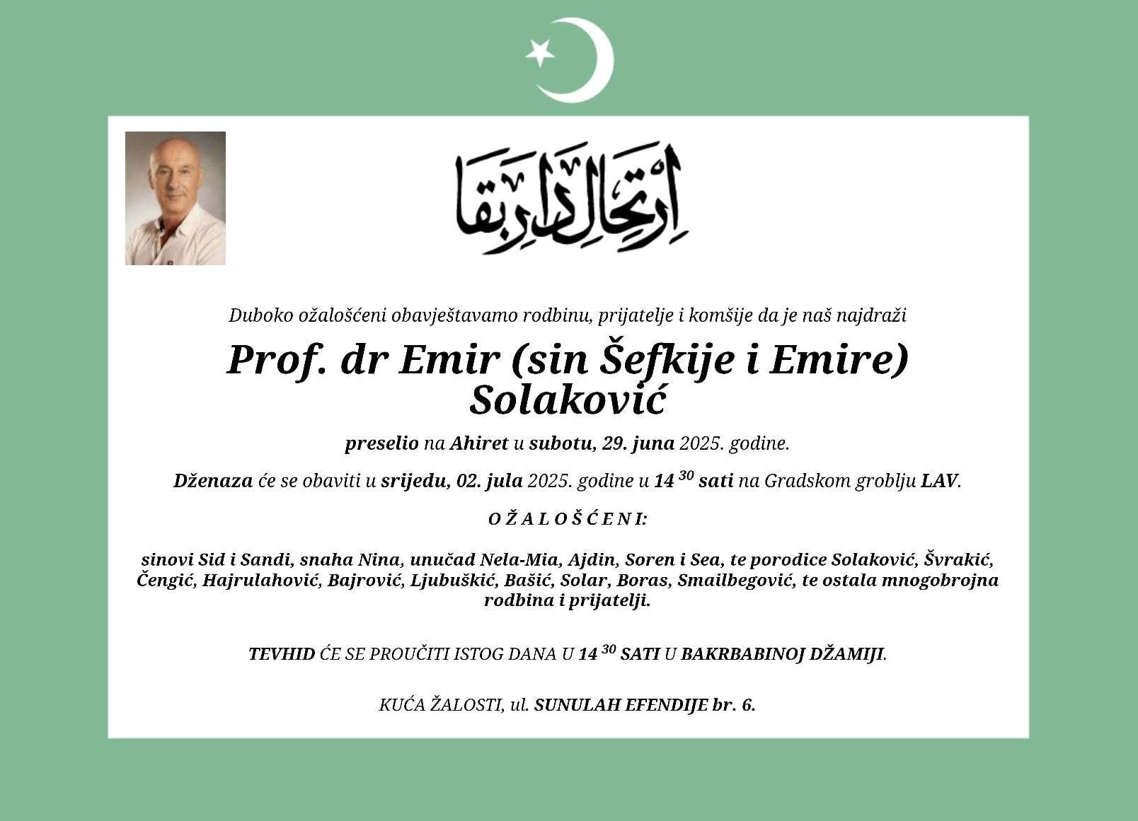 Smrtovnica prof. dr. Emiru Solakoviću