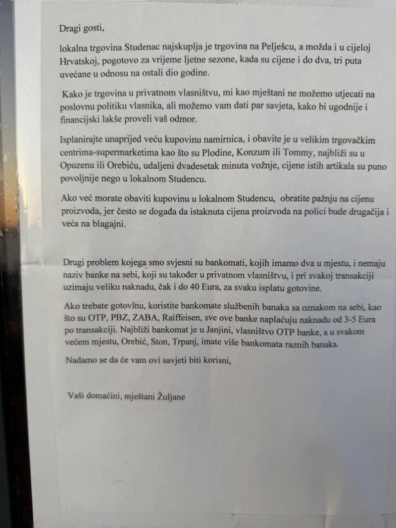 Pismo mještana Žuljane