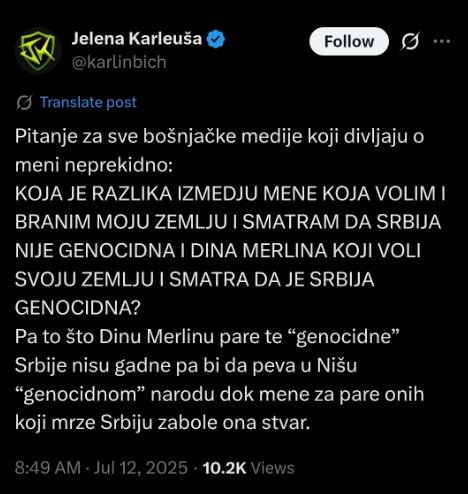 Jelena Karleuša - objava na X-u