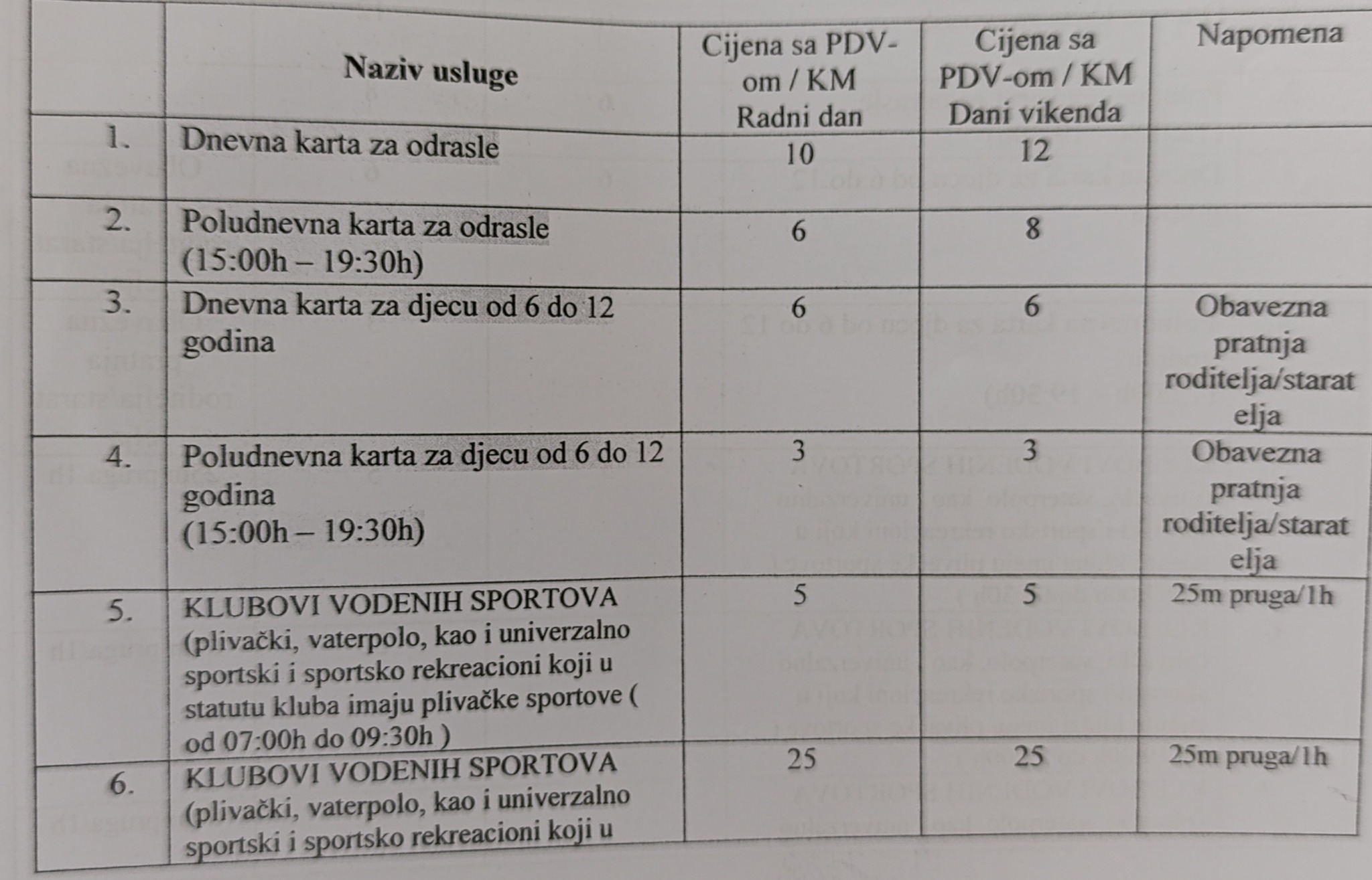 Cijene za 2025. godinu na bazenu na Dobrinji