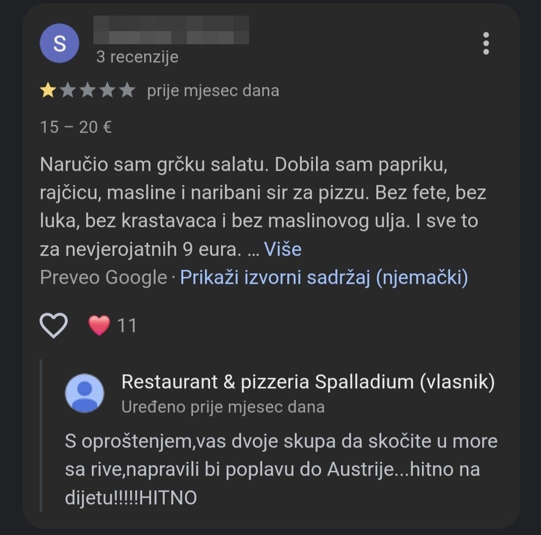 Restoran odgovorio na loše recenzije