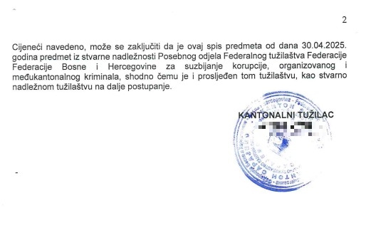 Dopis Kantonalnog tužilaštva KS