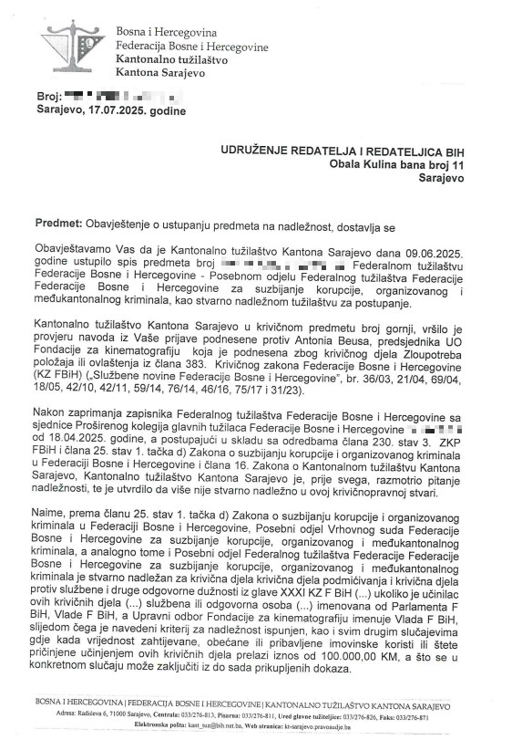 Dopis Kantonalnog tužilaštva KS