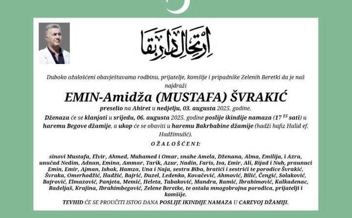 Emin Švrakić bit će ukopan u haremu Bakrbabine džamije